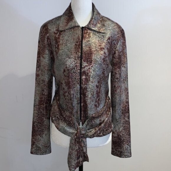 joseph Ribkoff Purple and Silver Snakeprint Tie Front Metalic Moto Jacket 10 - Picture 13 of 15